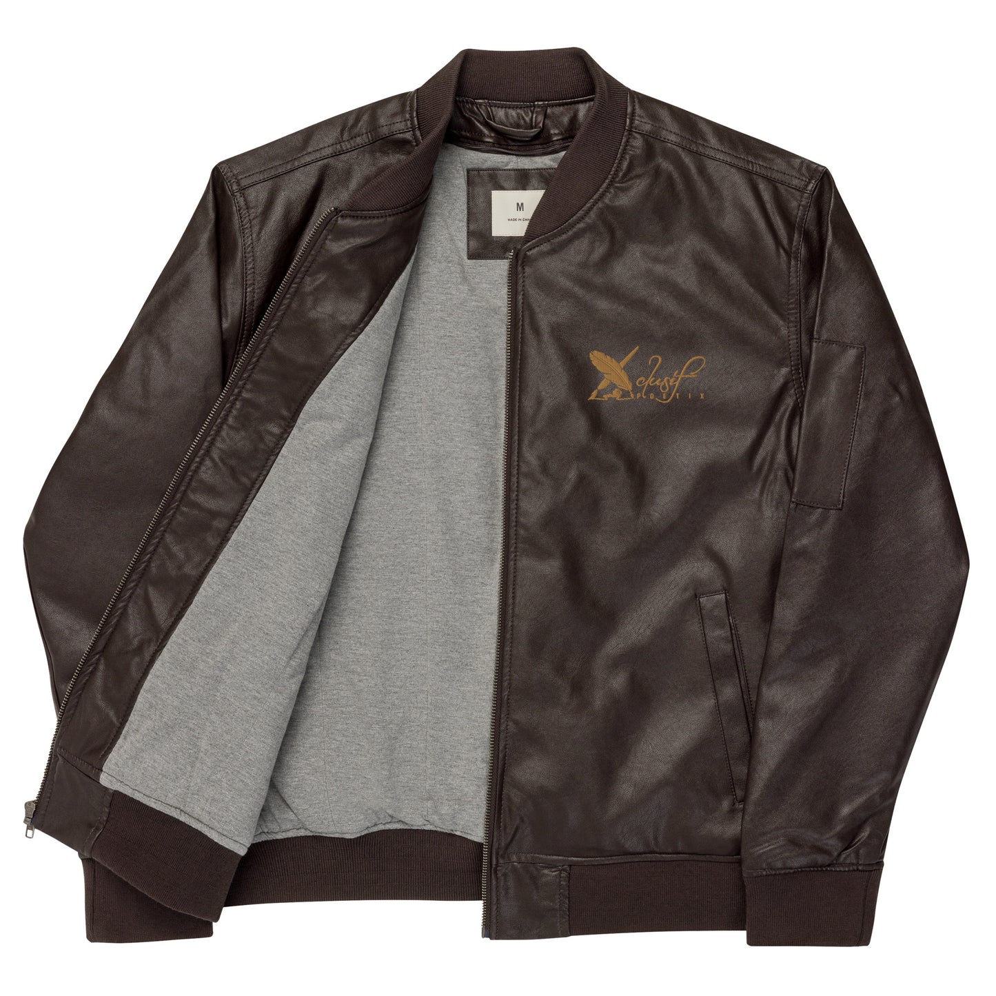 XCLUSIF POETIX BROWN & GOLD LOGO Leather Bomber Jacket