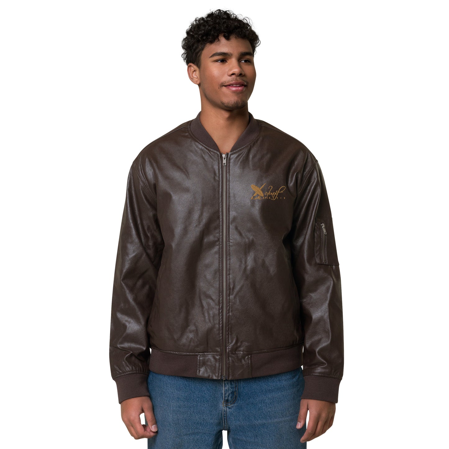 XCLUSIF POETIX BROWN & GOLD LOGO Leather Bomber Jacket