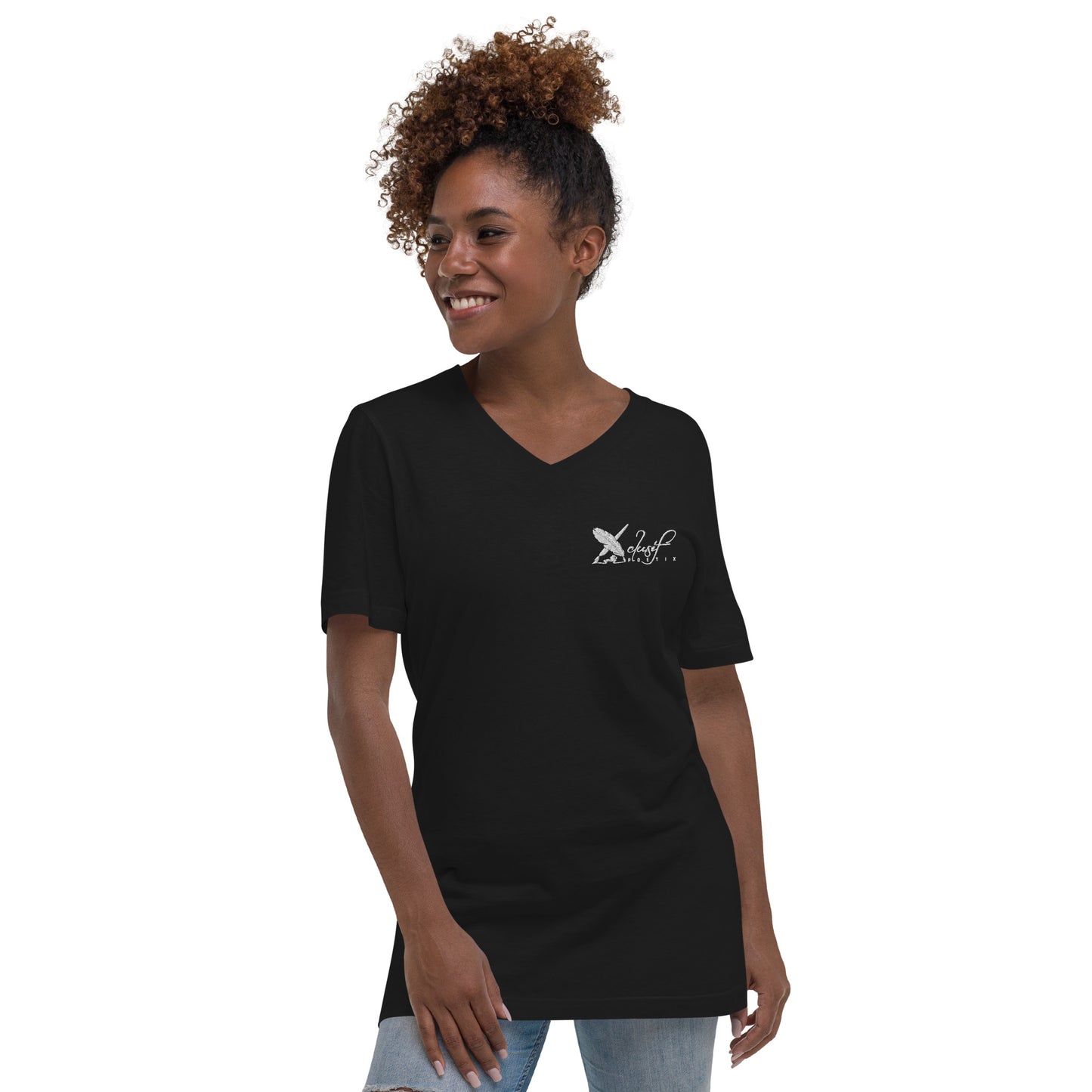 XCLUSIF POETIX WHITE LOGO Unisex Short Sleeve V-Neck T-Shirt